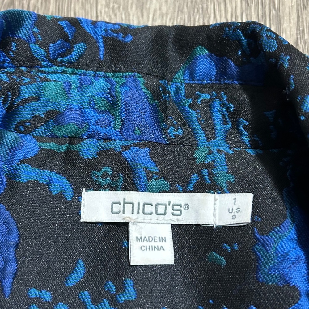 Chico's Jacquard Blazer Jacket Size 1 US 8 Blue Black Floral Brocade 4502150 - Picture 3 of 11